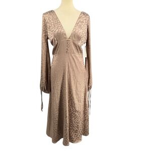 Lani The Label Satin Leopard Midi Dress Open Back Long Sleeve Size Medium New